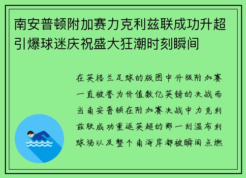 南安普顿附加赛力克利兹联成功升超引爆球迷庆祝盛大狂潮时刻瞬间 南安普顿附加赛力克利兹联成功升超引爆球迷庆祝盛大狂潮时刻瞬间